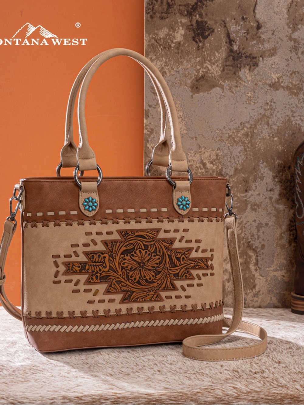 NWT! Montana West Western Tooled Aztec Concealed Carry Tote/Crossbody